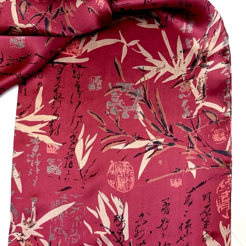 Men's Fuchsia Doubled Silk Scarf Hieroglyphs and Floral Bamboo Design Fringed - Picture 5 of 8